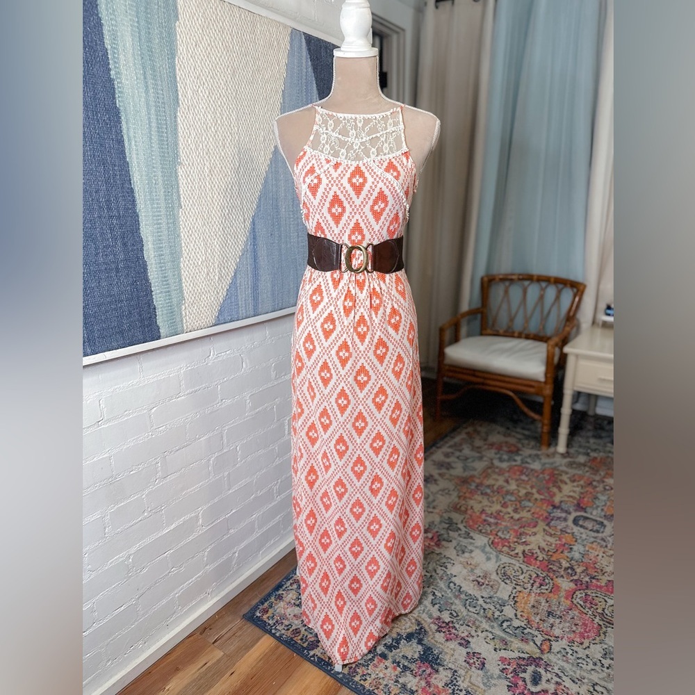 Dance & Marvel Orange and White Boho Backless Maxi Dress